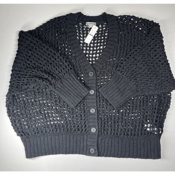 J Crew Montauk Relaxed Cardigan Sweater Womens 2X Black Open Knit Button V Neck - Picture 1 of 13